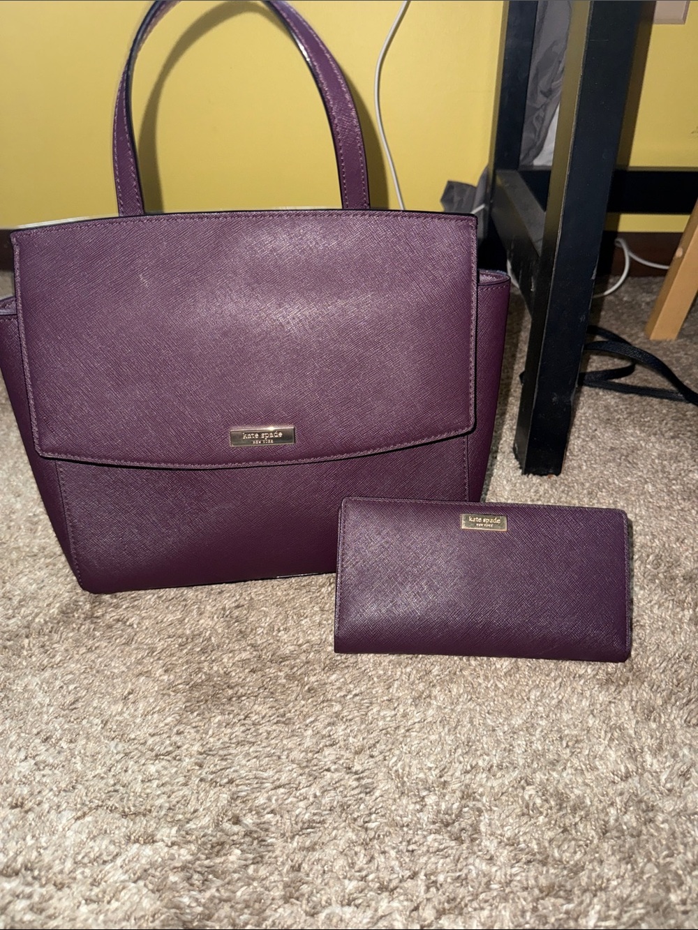 kate spade plum saffiano tote with matching wallet